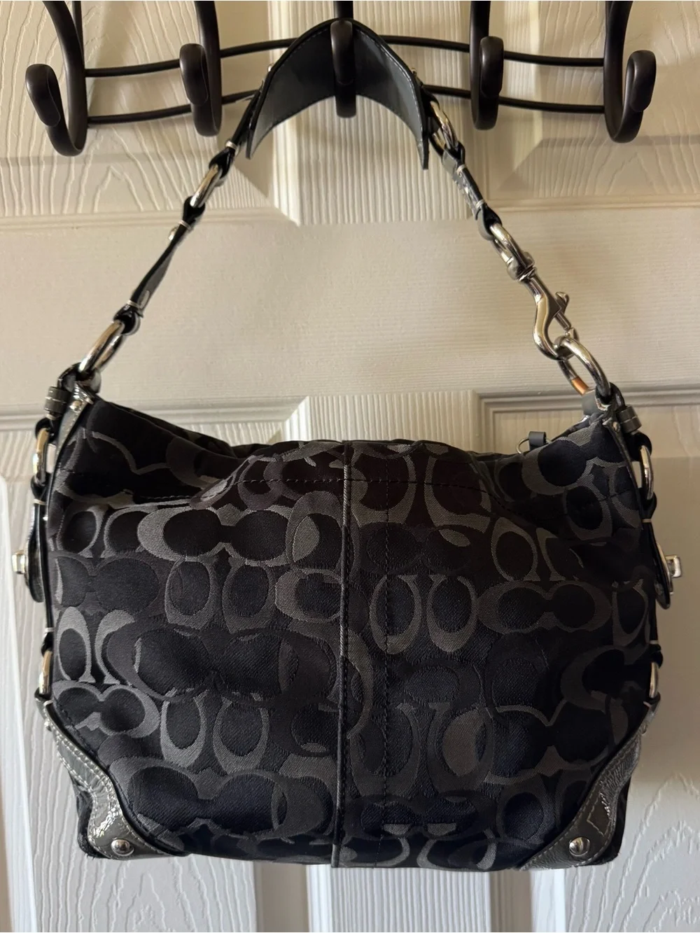 Coach Black Signature Carly Hobo Shoulder Bag with Silver Hardware